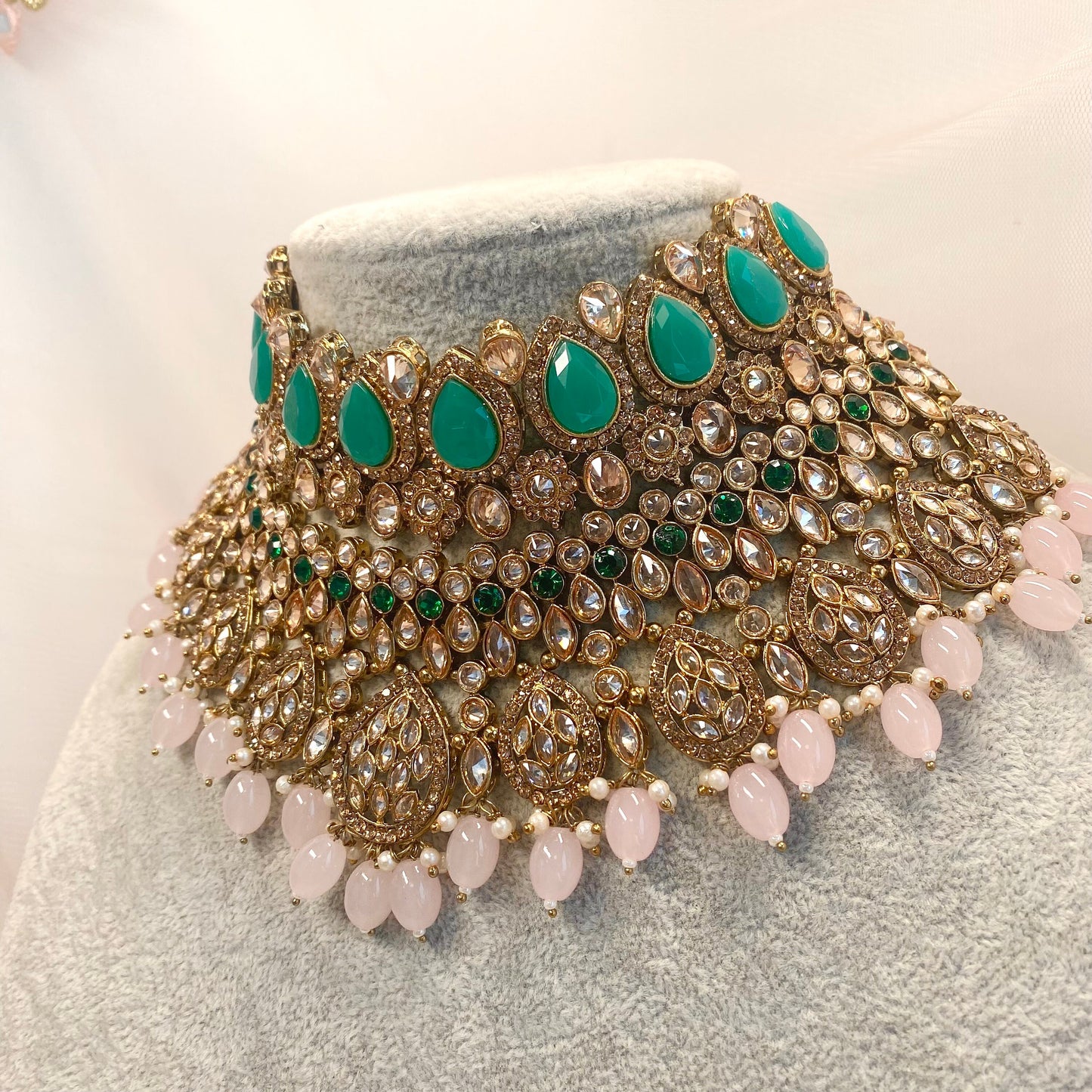 Antique Gold Green and Pink Double Necklace Only