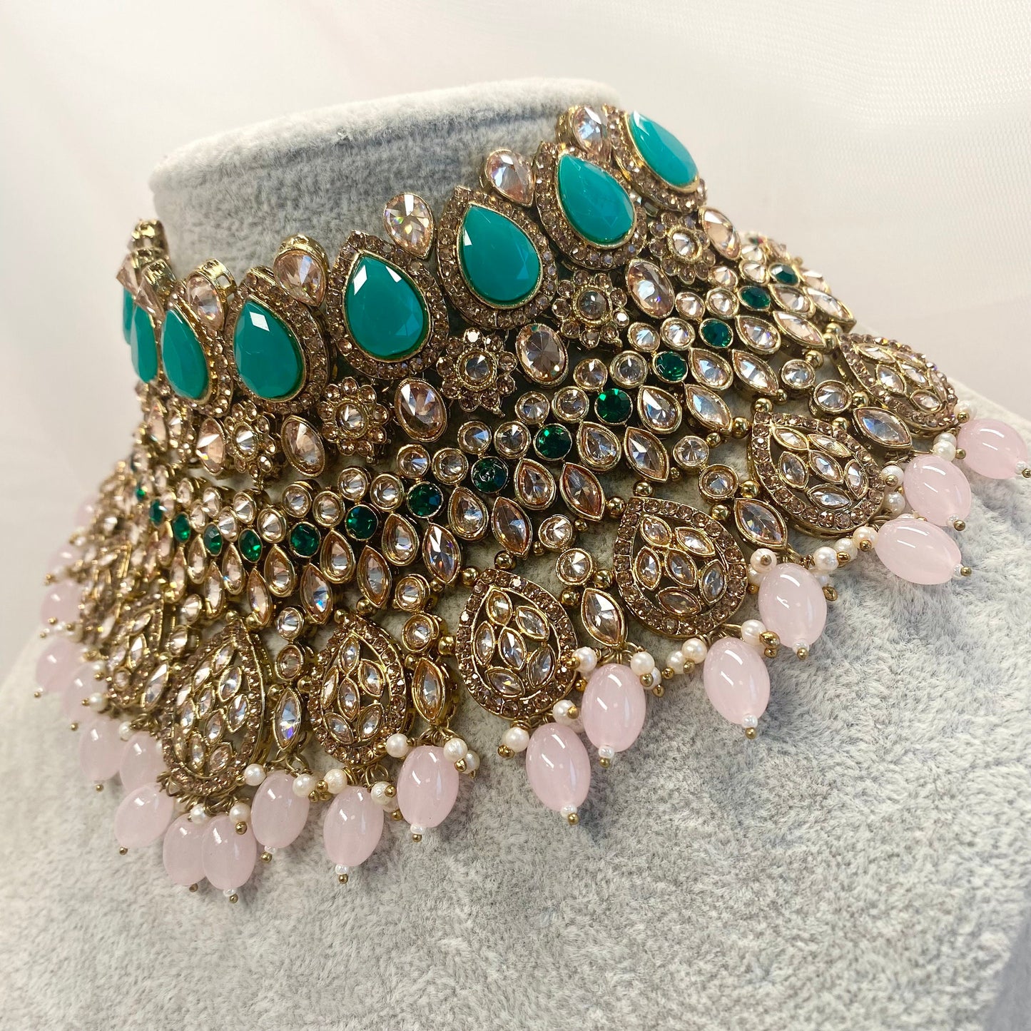 Antique Gold Green and Pink Double Necklace Only