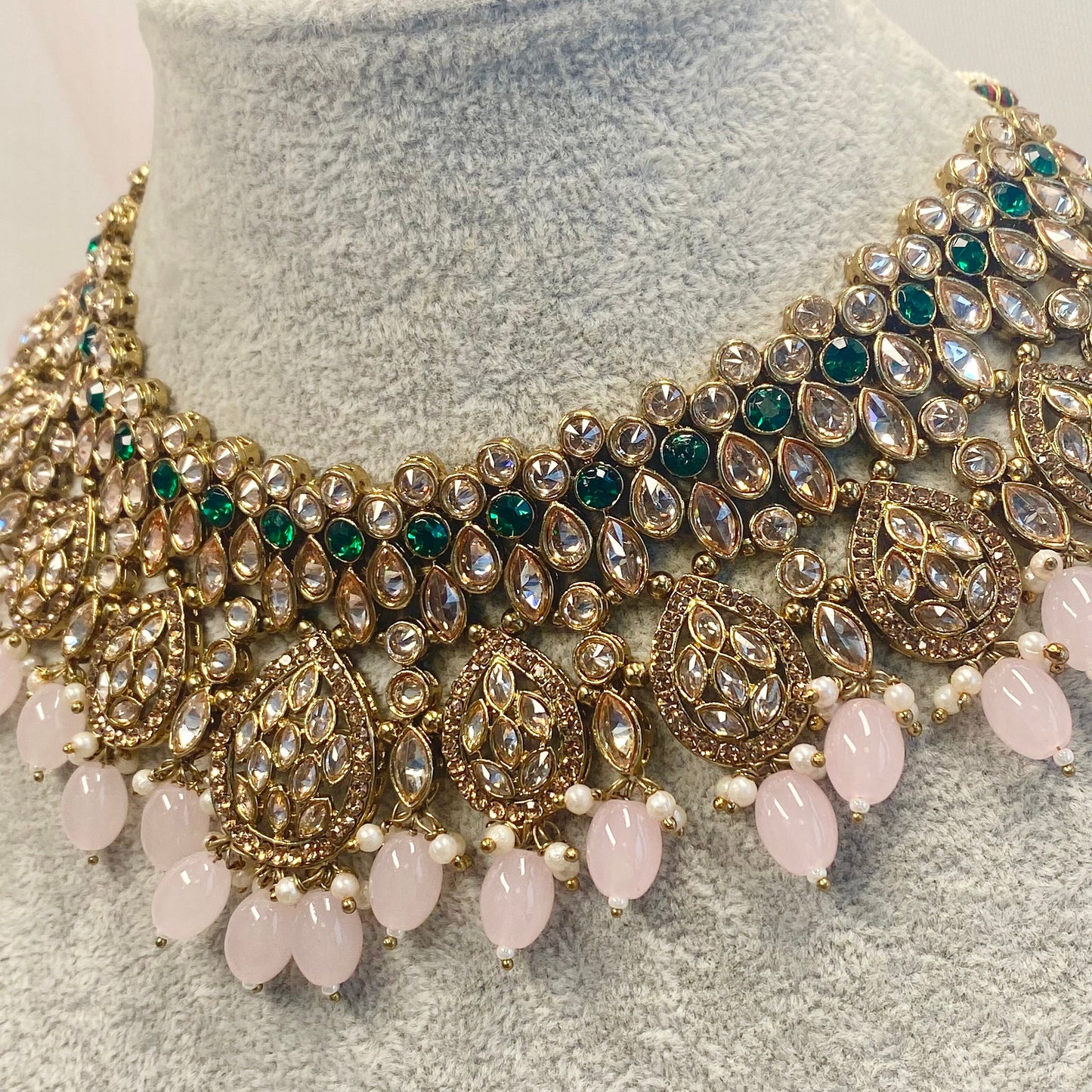 Antique Gold Green and Pink Double Necklace Only