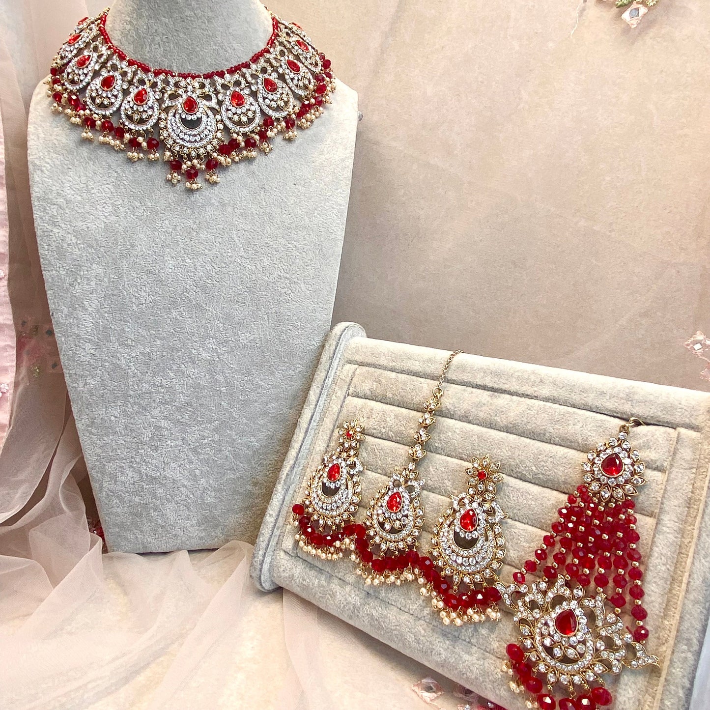 Red Bridal Necklace Set with Jhumar Indian/ Pakistani Style/ Choker/ Earring/ Tikka