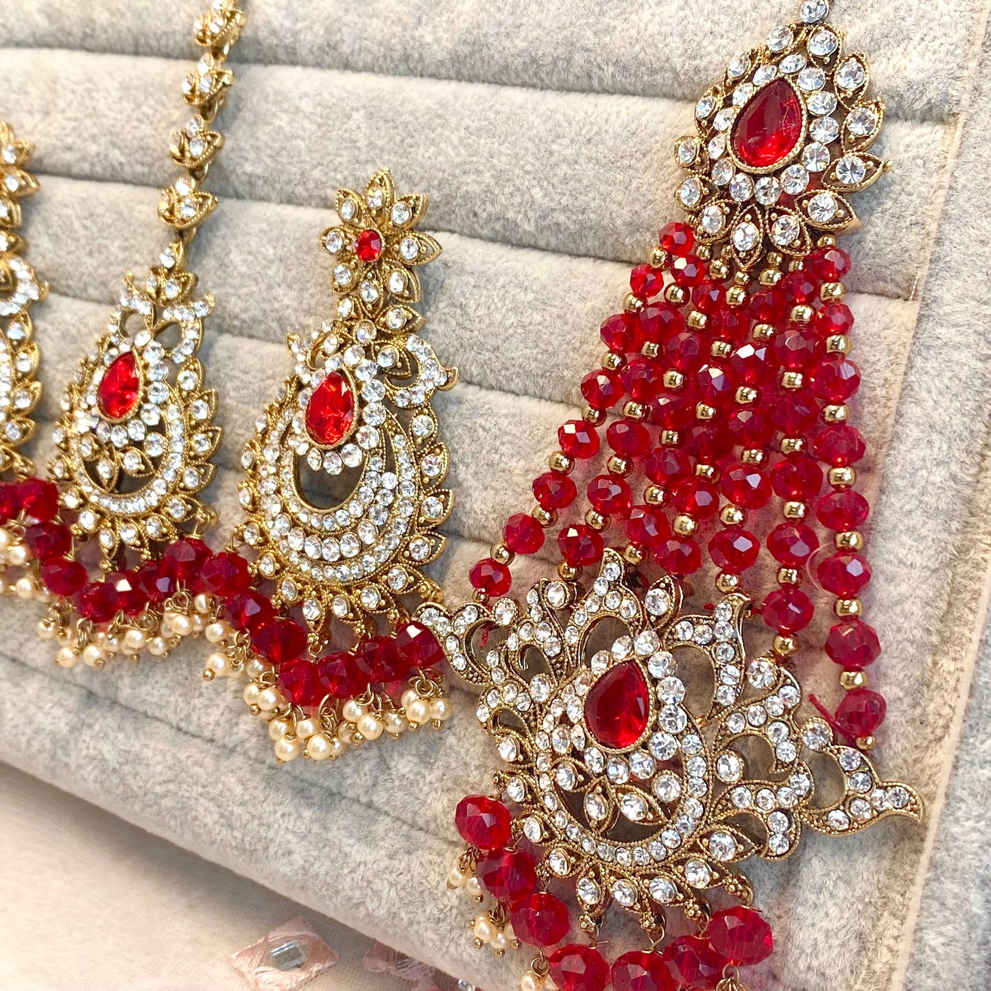 Red Bridal Necklace Set with Jhumar Indian/ Pakistani Style/ Choker/ Earring/ Tikka