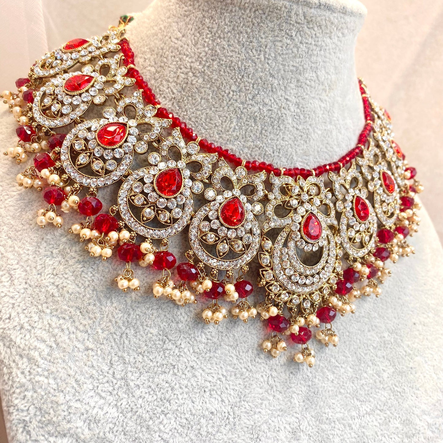 Red Bridal Necklace Set with Jhumar Indian/ Pakistani Style/ Choker/ Earring/ Tikka