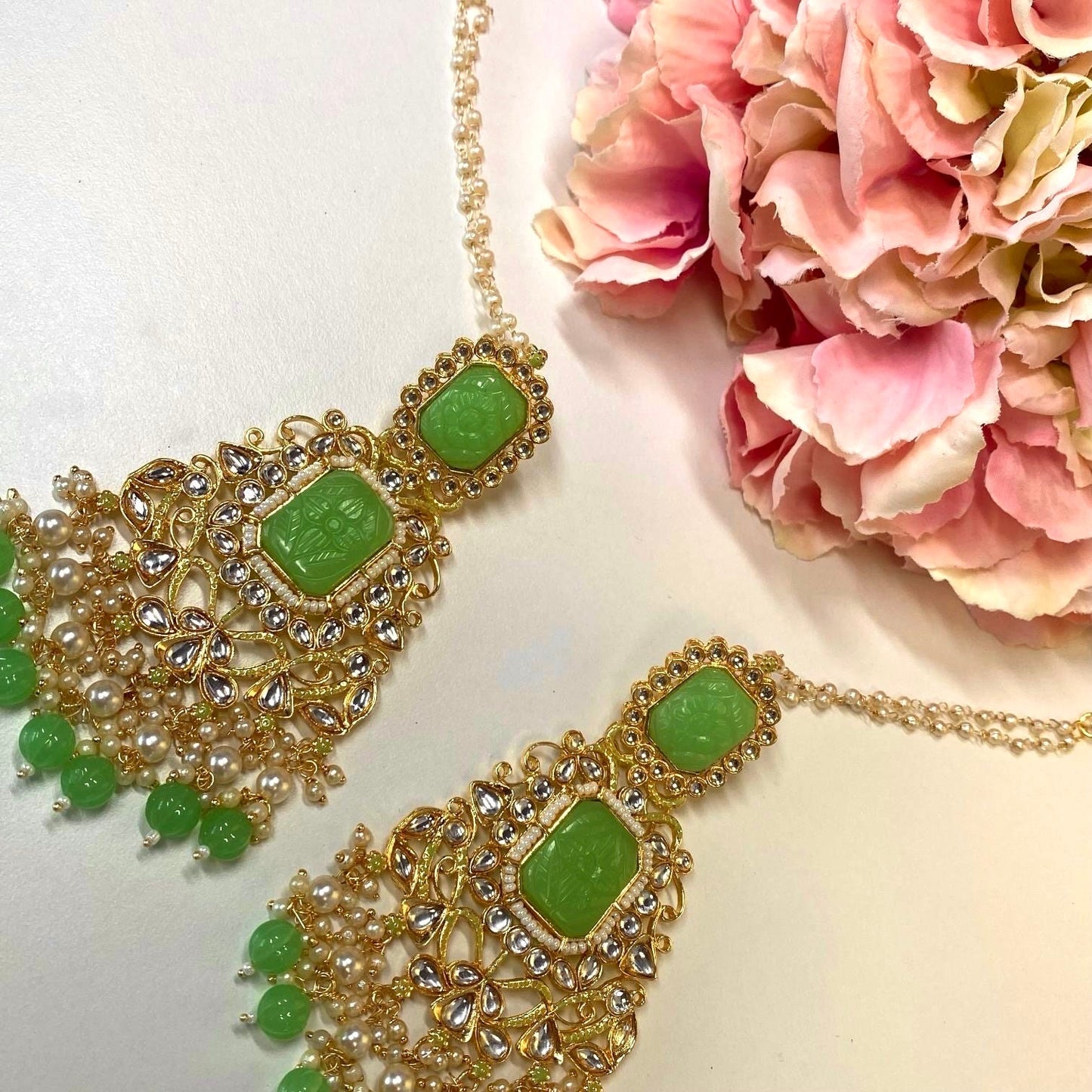 Large Faux-Kundan Earrings - Light Green Indian Style Earring/ Pakistani Fashion/ Fashion Jewellery/ Gift for Women