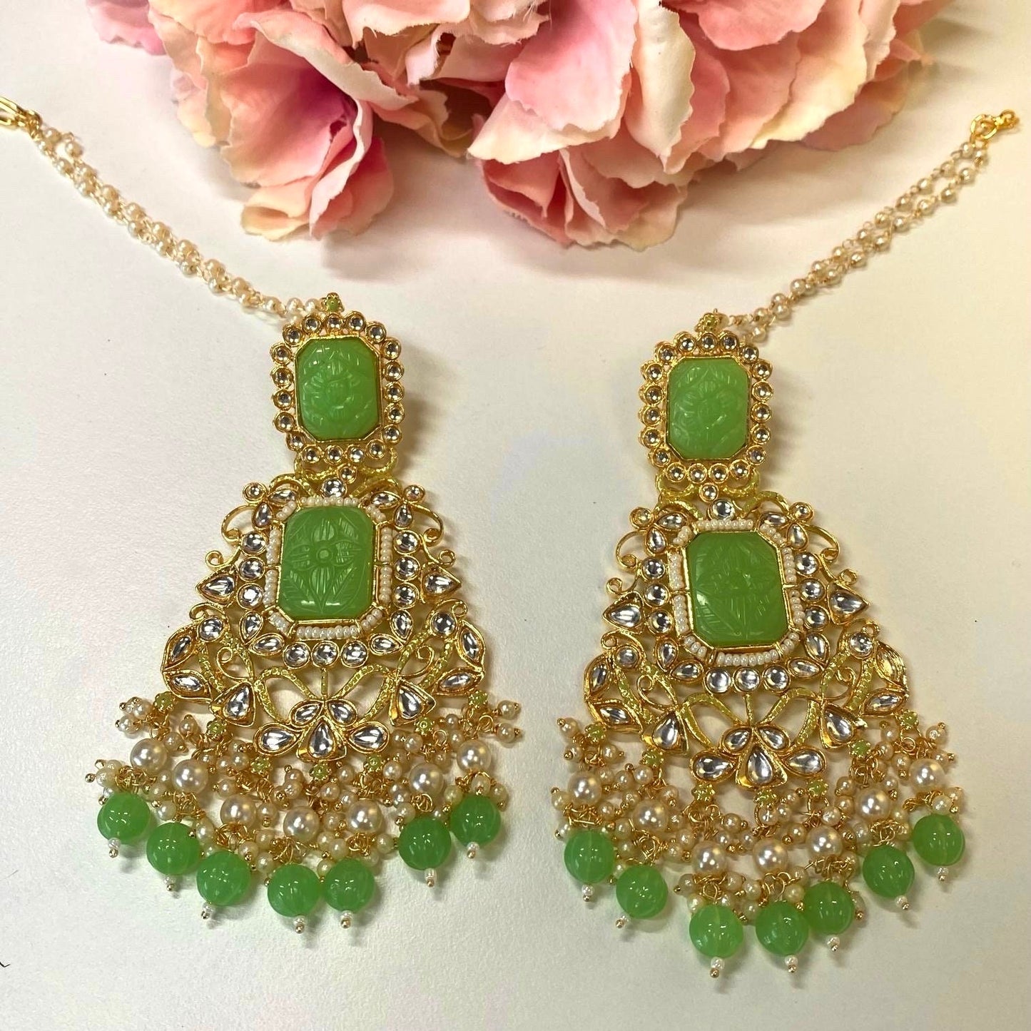 Large Faux-Kundan Earrings - Light Green Indian Style Earring/ Pakistani Fashion/ Fashion Jewellery/ Gift for Women