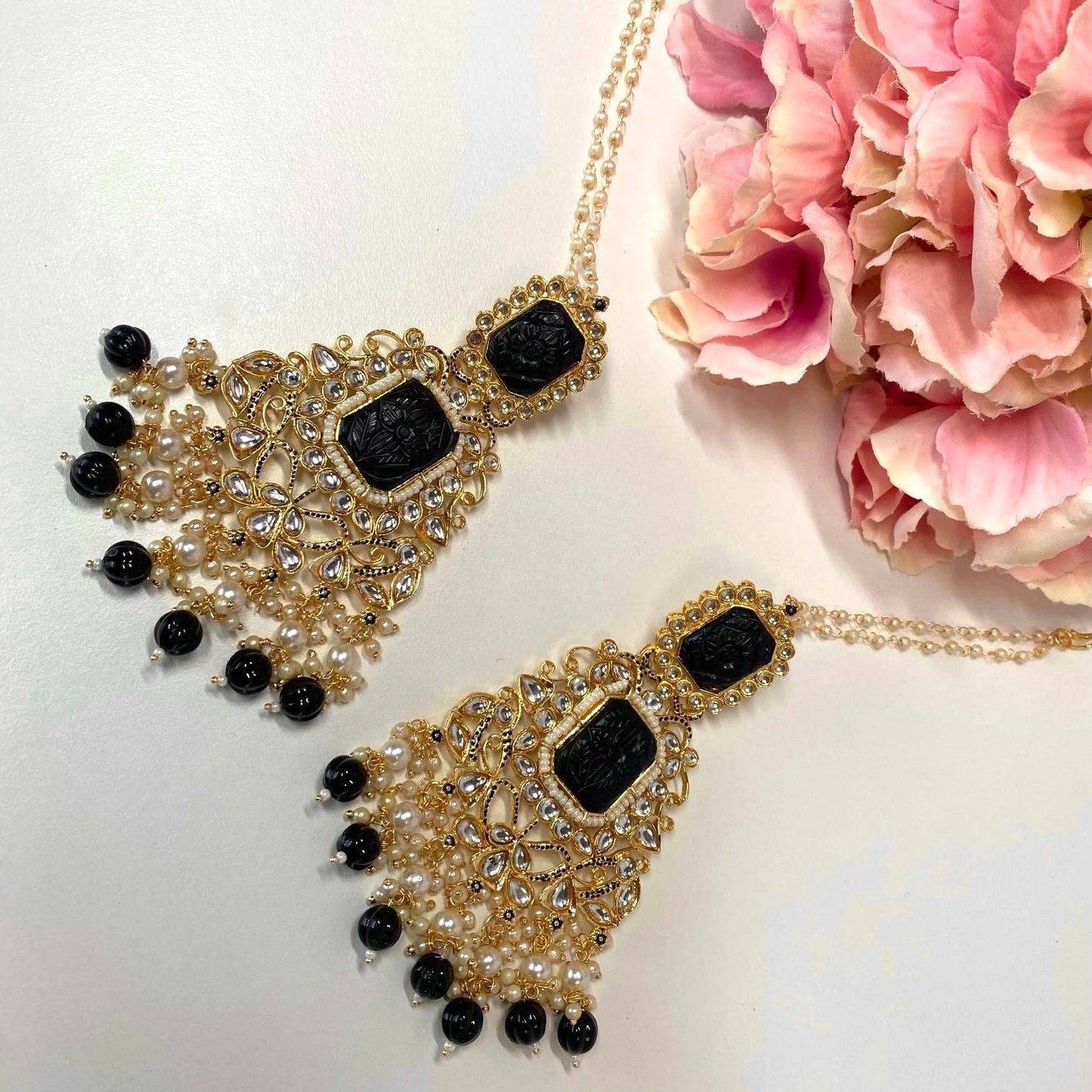 Large Faux-Kundan Earrings - Black Indian Style Earring/ Pakistani Fashion/ Fashion Jewellery/ Gift for Women