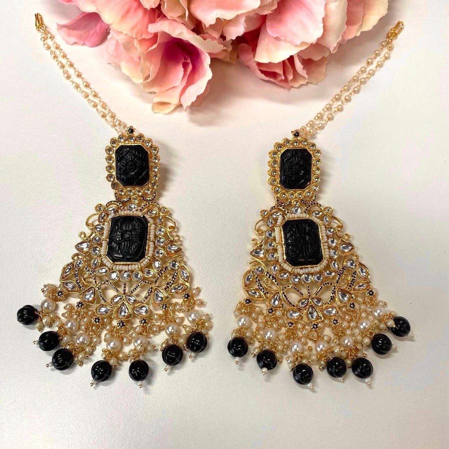 Large Faux-Kundan Earrings - Black Indian Style Earring/ Pakistani Fashion/ Fashion Jewellery/ Gift for Women