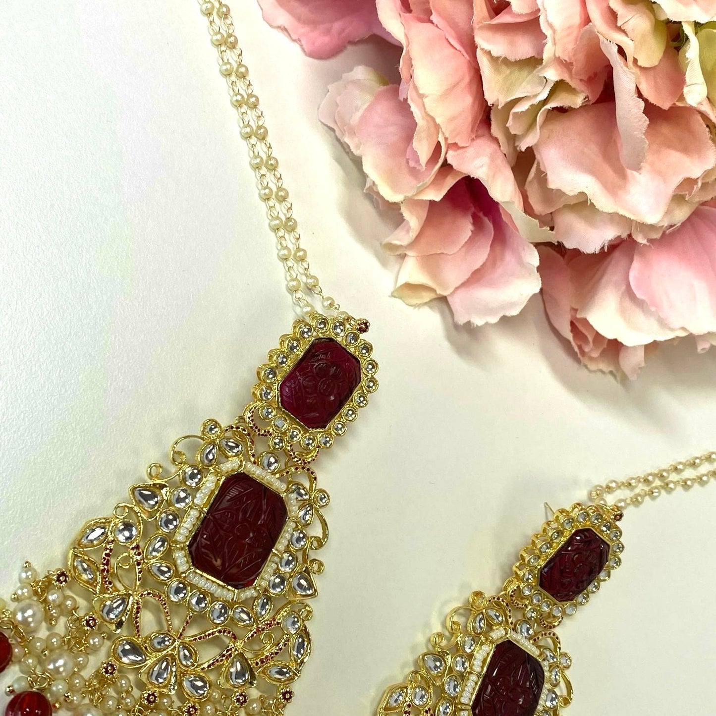 Large Faux-Kundan Earrings - Maroon Indian Style Earring/ Pakistani Fashion/ Fashion Jewellery/ Gift for Women