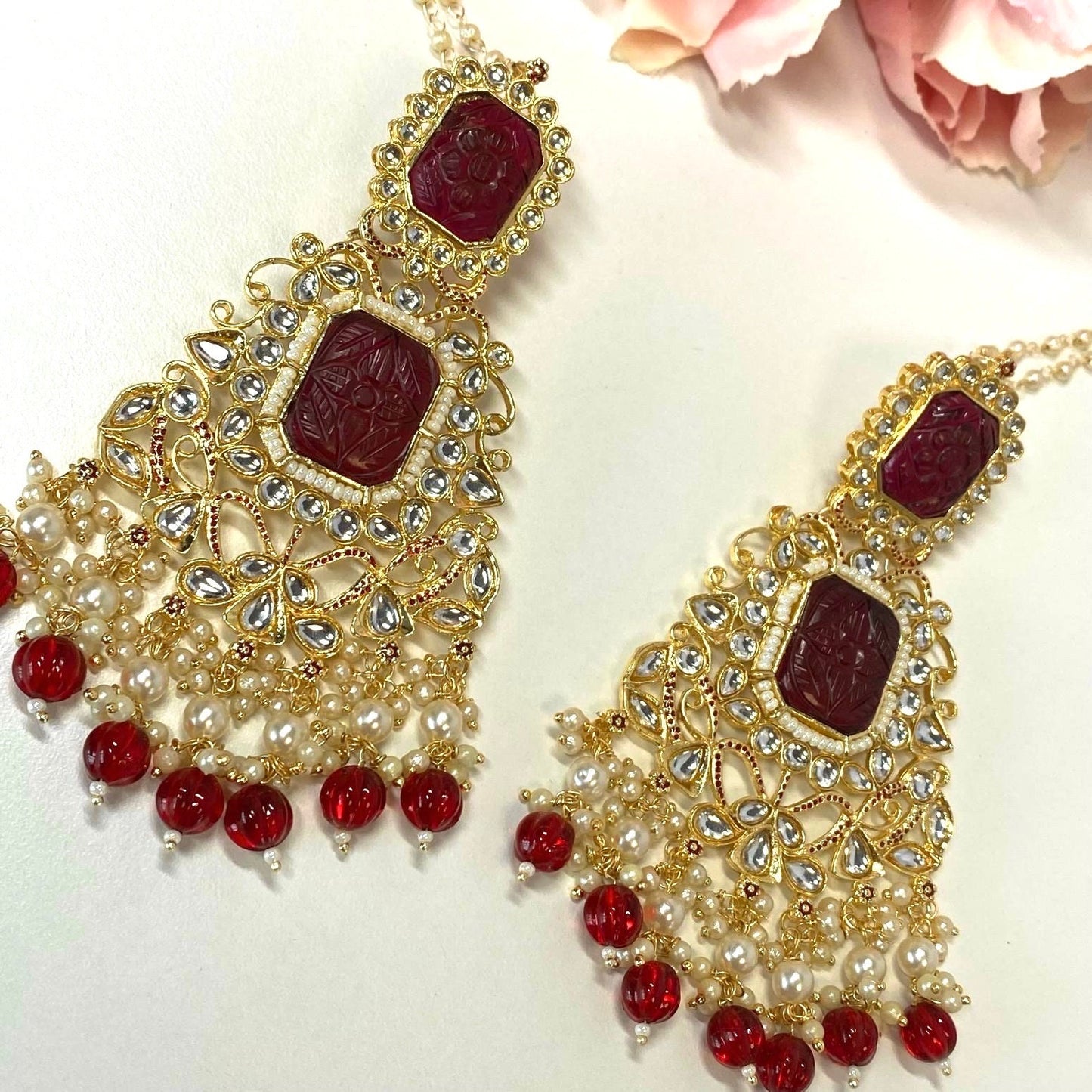 Large Faux-Kundan Earrings - Maroon Indian Style Earring/ Pakistani Fashion/ Fashion Jewellery/ Gift for Women
