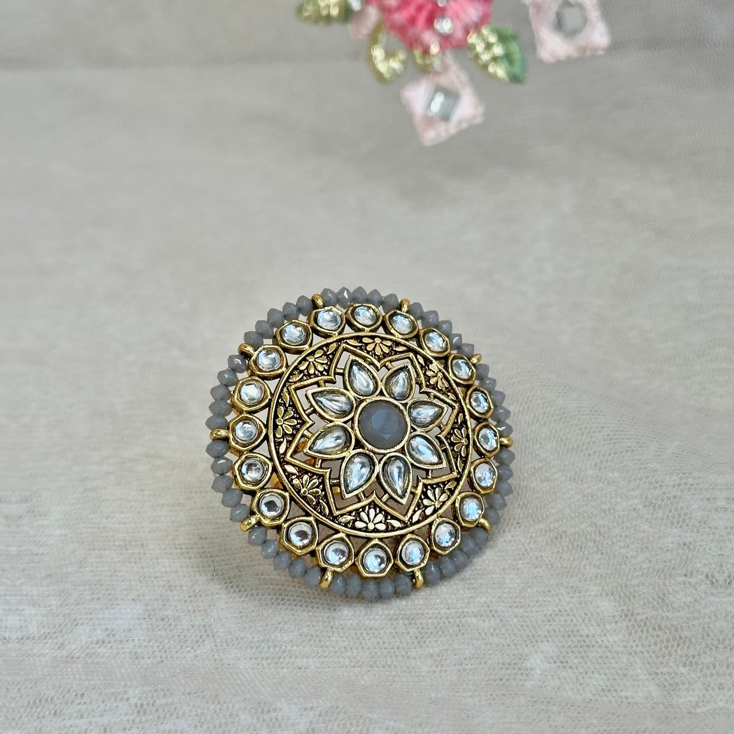 Medium Faux Kudan Ring - Grey/ Fashion Jewellery/ Gift for Women/Indian/Pakistani style