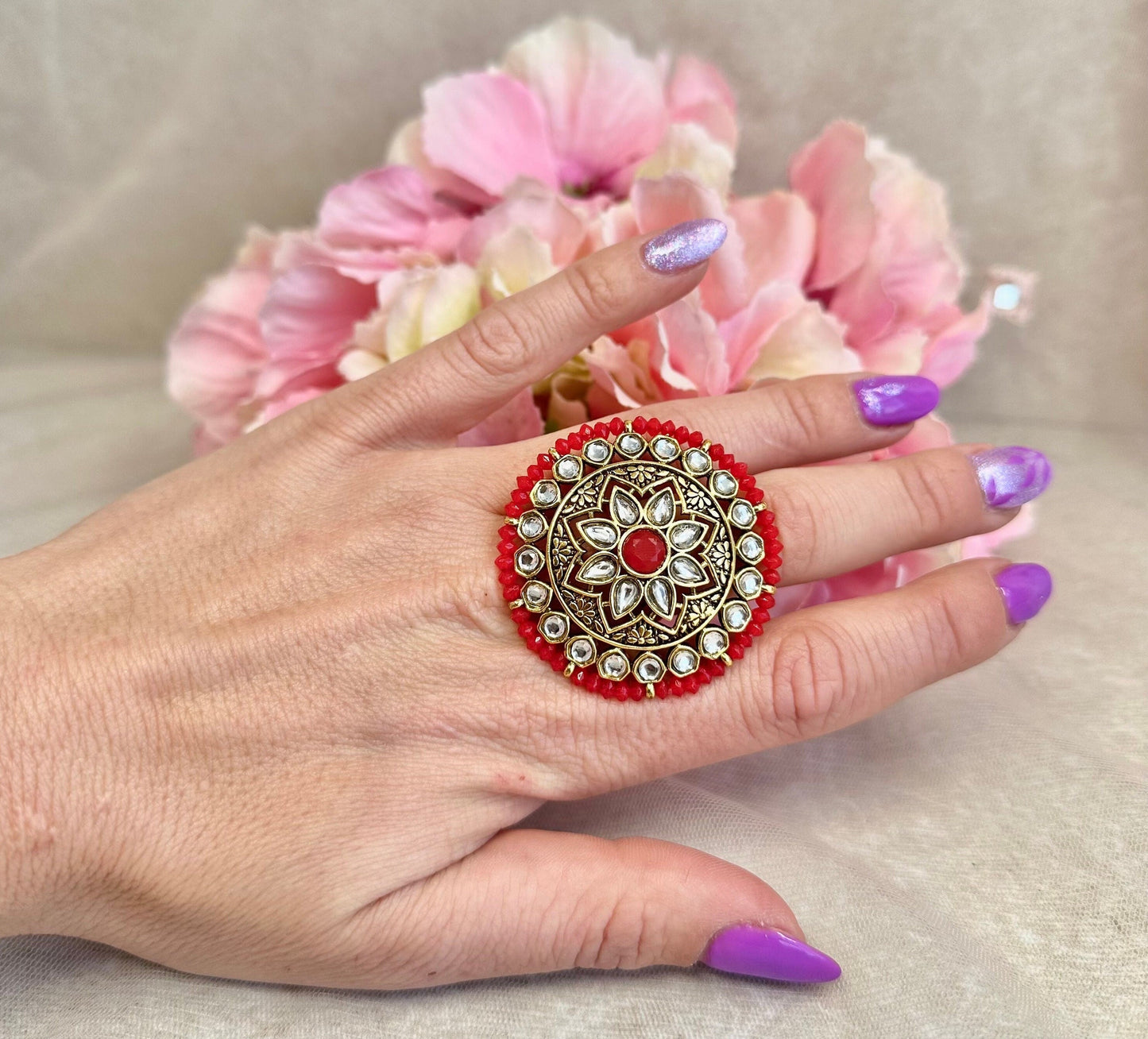 Medium Faux Kundan Ring - Red/ Fashion Jewellery/ Gift for Women/Indian/Pakistani style