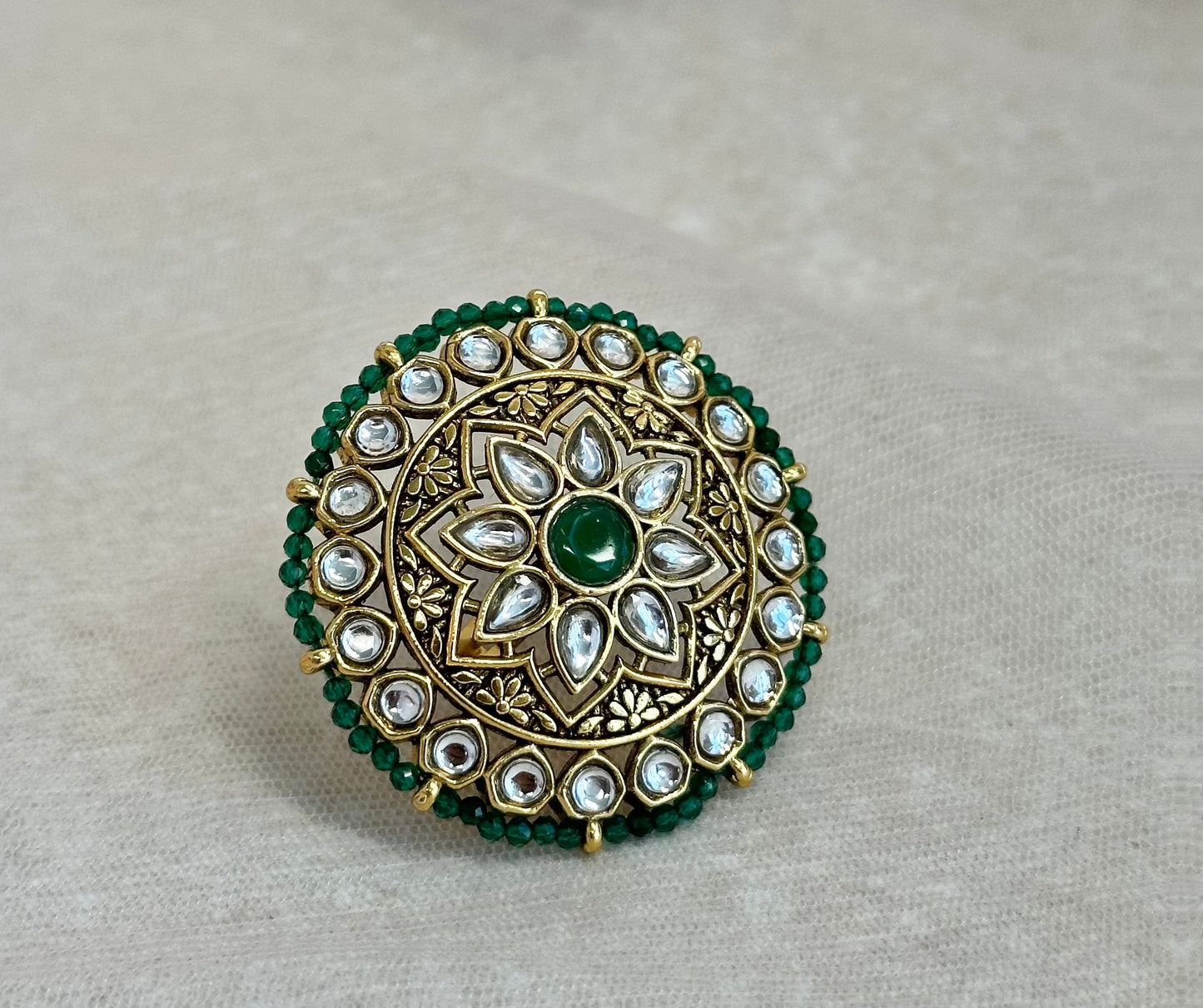Medium Faux Kundan Ring - Green/ Fashion Jewellery/ Gift for Women/Indian/Pakistani style