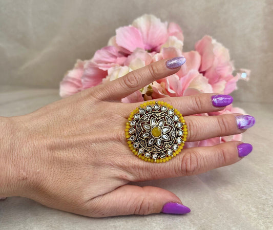 Medium Faux Kundan Ring - Yellow/ Fashion Jewellery/ Gift for Women/Indian/Pakistani style