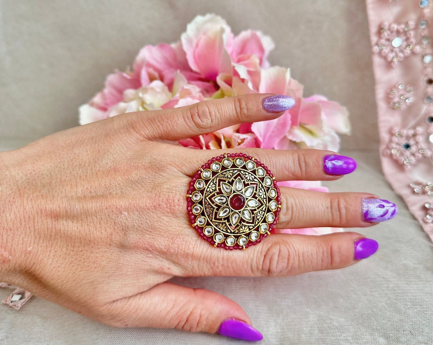Medium Faux Kundan Ring - Purple/ Fashion Jewellery/ Gift for Women/Indian/Pakistani style