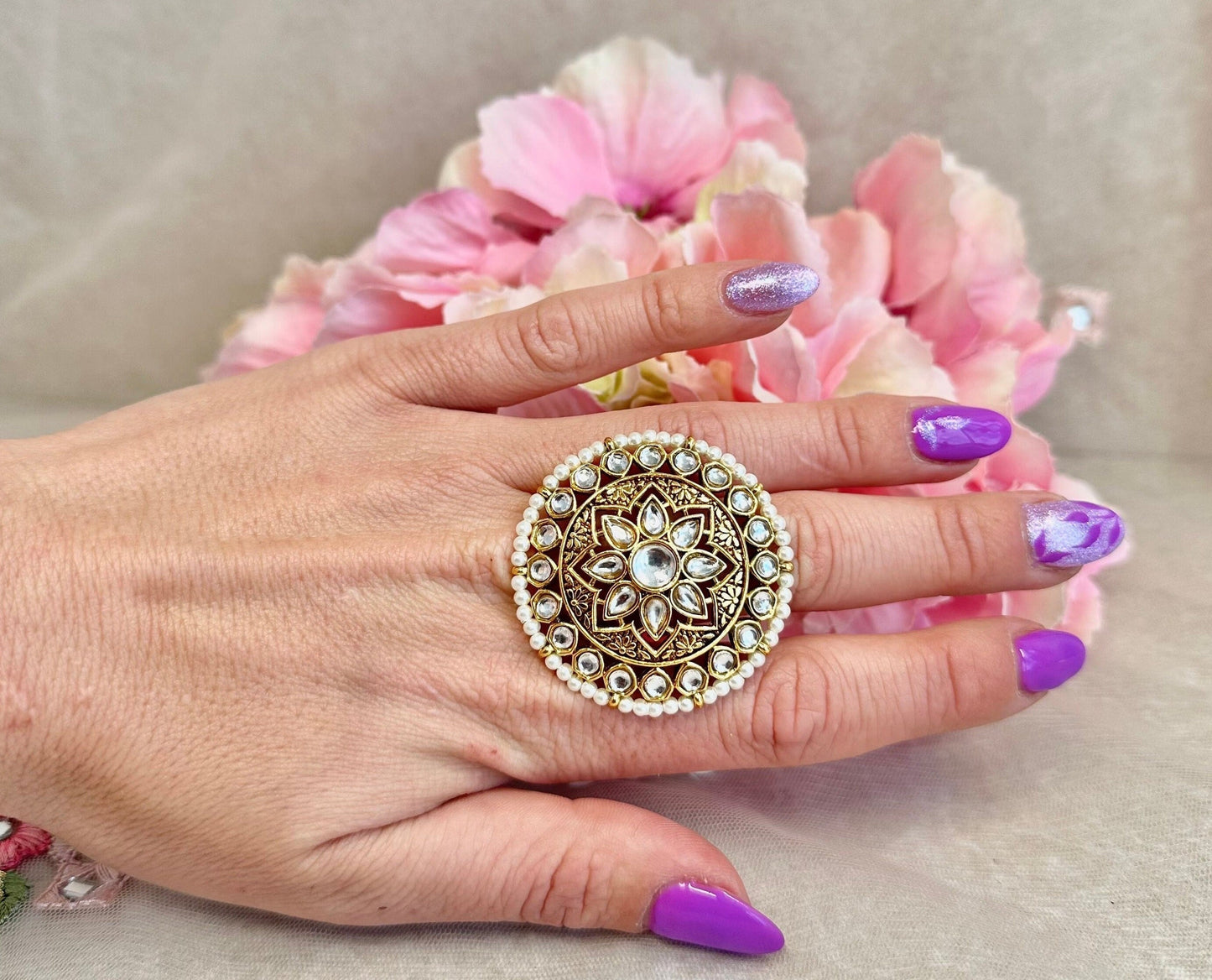 Medium Faux Kundan Ring - White/ Fashion Jewellery/ Gift for Women/Indian/Pakistani style