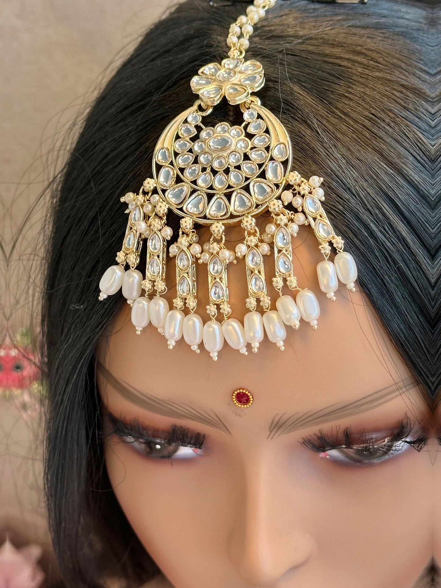 Large Faux Kundan Earrings & Tikka Set - Cream/  Flat Earring Indian/ Pakistani Style