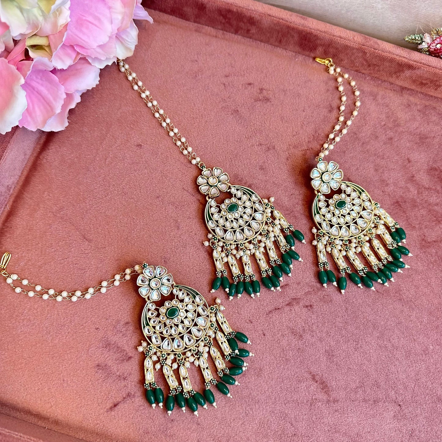 Large Faux Kundan Earrings & Tikka Set - Green/Meenakari/ Indian/ Pakistani Style/
