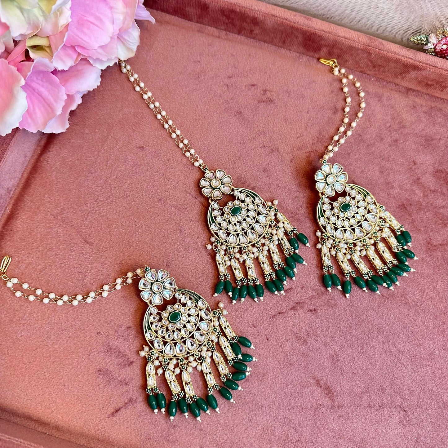Large Faux Kundan Earrings & Tikka Set - Green/Meenakari/ Indian/ Pakistani Style/