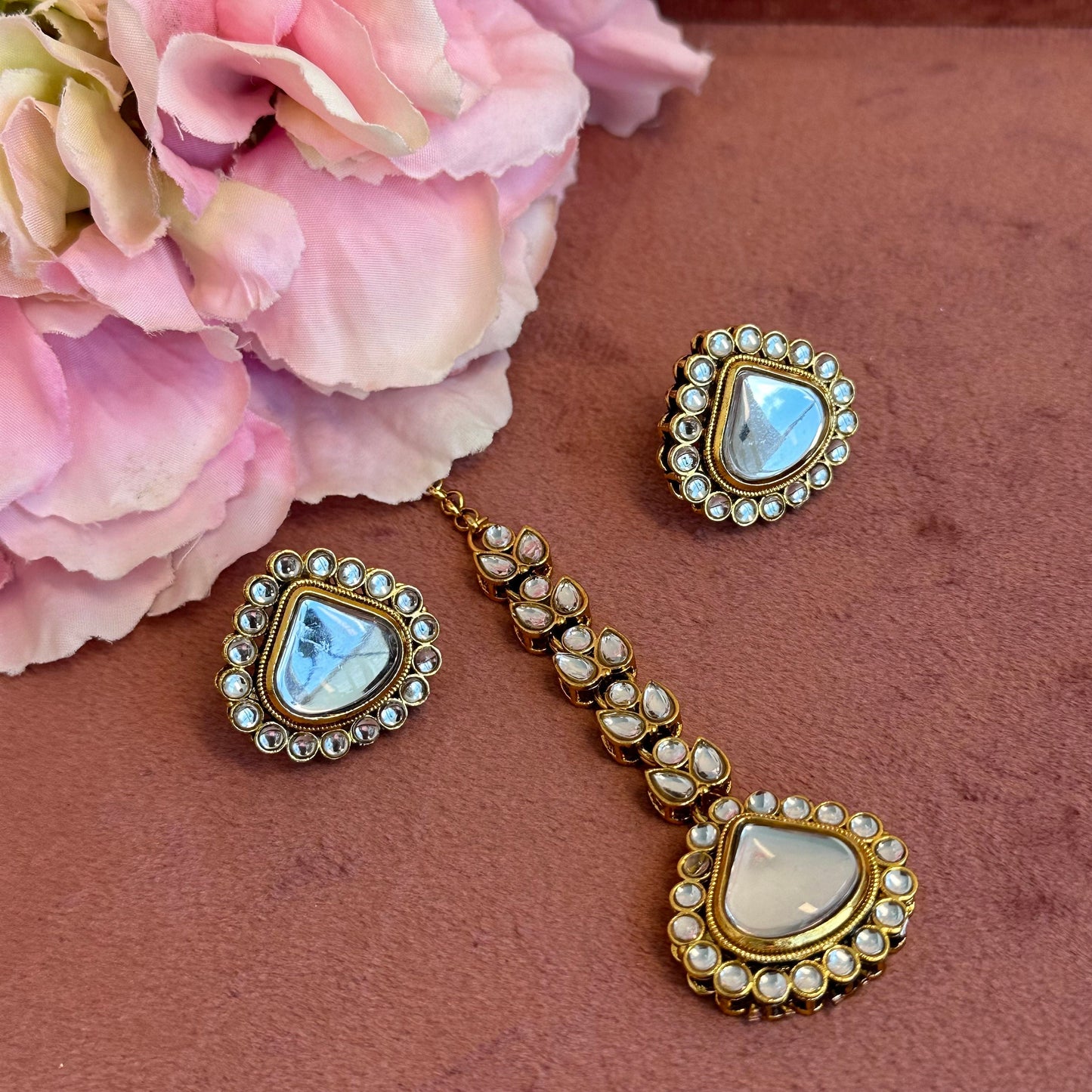 Small Faux Kundan Earrings Top & Tikka Set - Clear