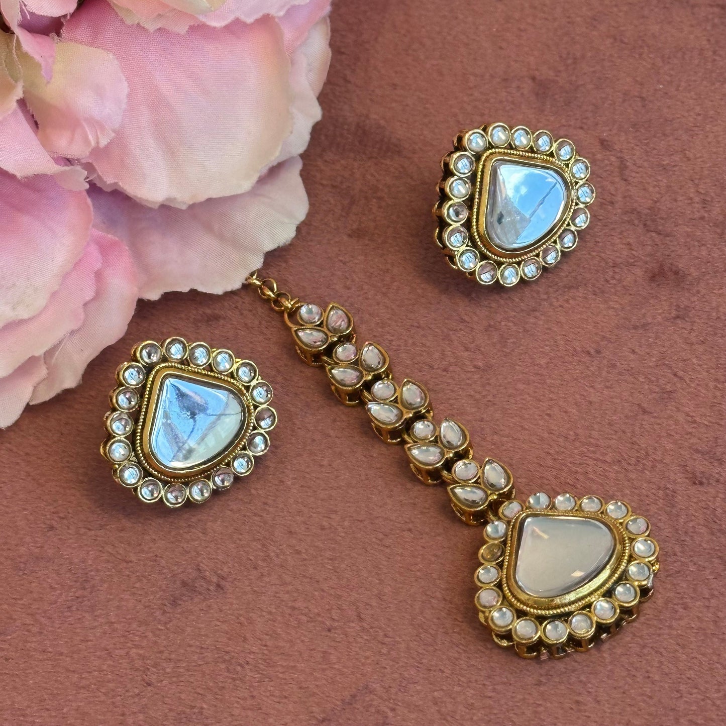 Small Faux Kundan Earrings Top & Tikka Set - Clear