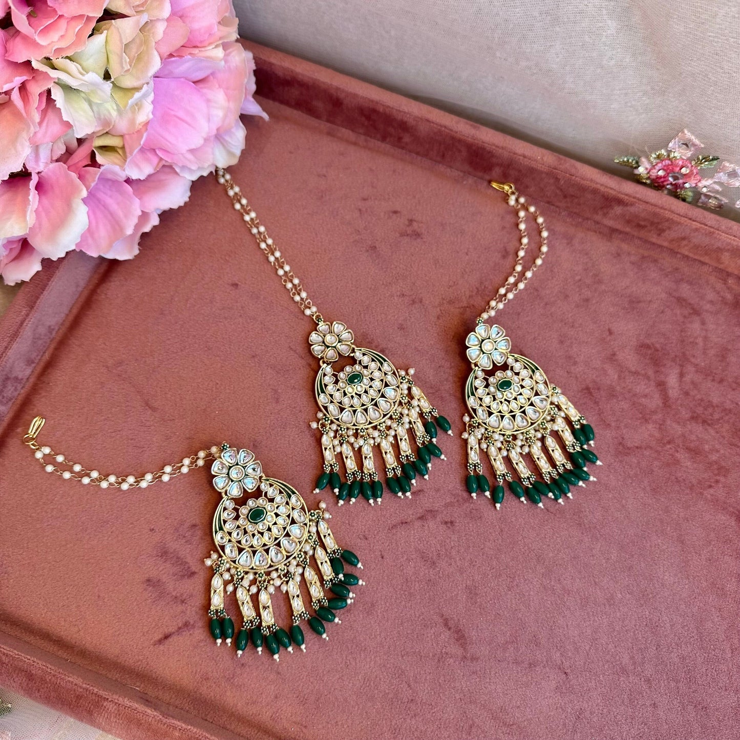 Large Faux Kundan Earrings & Tikka Set - Green/Meenakari/ Indian/ Pakistani Style/