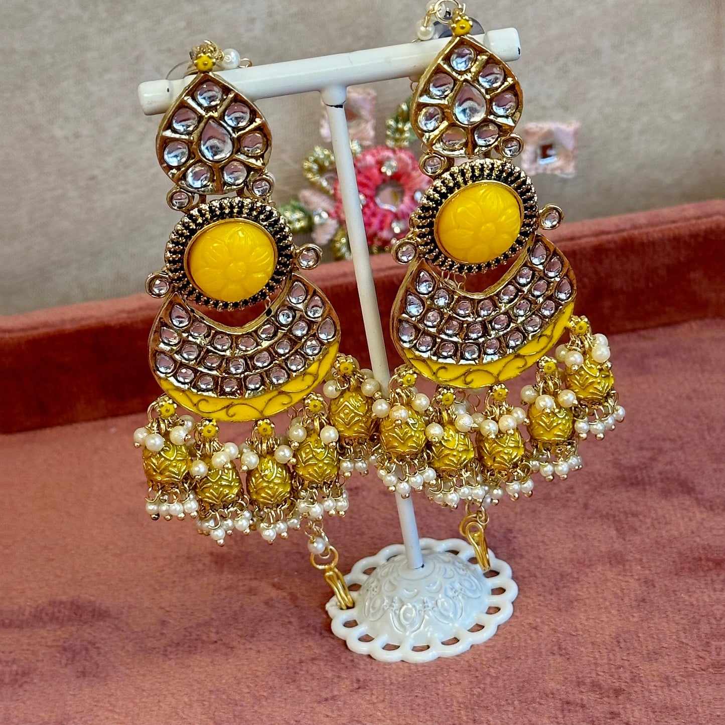 Large Faux Kundan Jhumka Earrings - Yellow/ Indian Style Earring