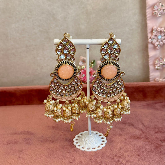 Large Faux Kundan Jhumka Earrings - Peach/ Indian Style Earring