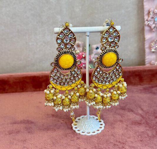 Large Faux Kundan Jhumka Earrings - Yellow/ Indian Style Earring