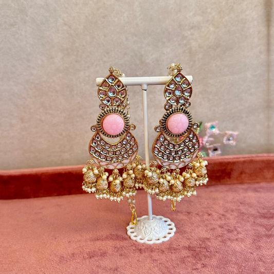 Large Faux Kundan Earrings - Pink Indian Earring/ Unique Design/Pakistani Style/Gift for women
