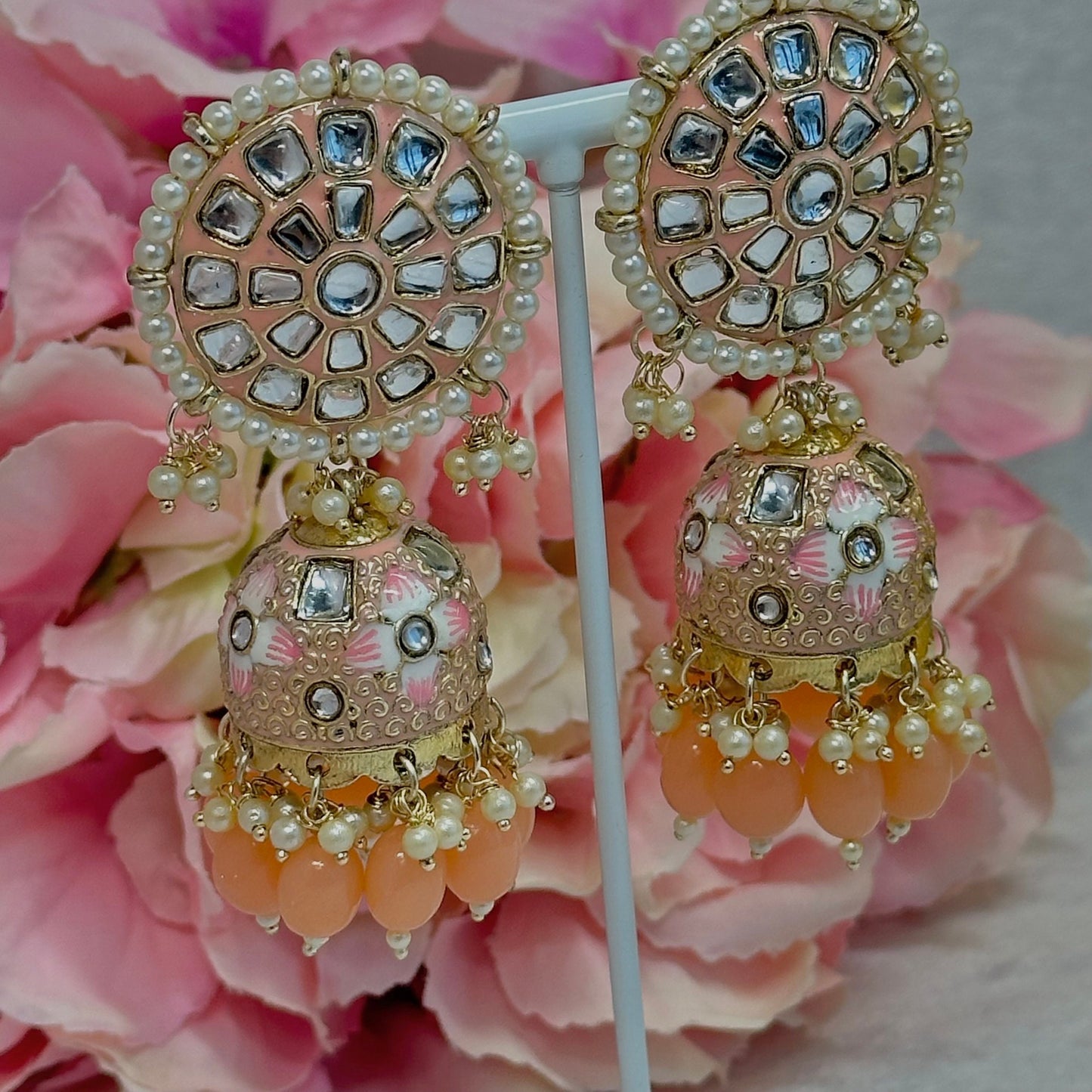 Faux Kundan Jhumka Earrings - Orange Indian Style Earring