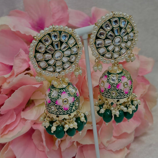 Faux Kundan Jhumka Earrings - Green/ Indian Style Earring