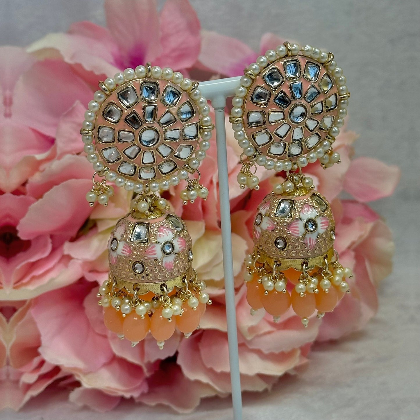 Faux Kundan Jhumka Earrings - Orange Indian Style Earring