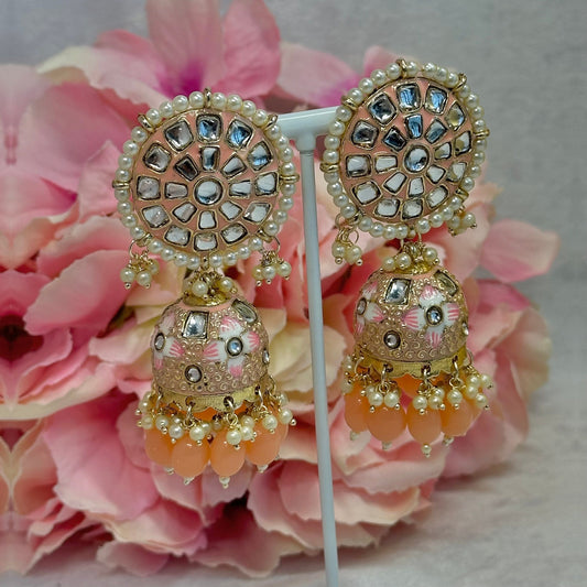 Faux Kundan Jhumka Earrings - Orange Indian Style Earring