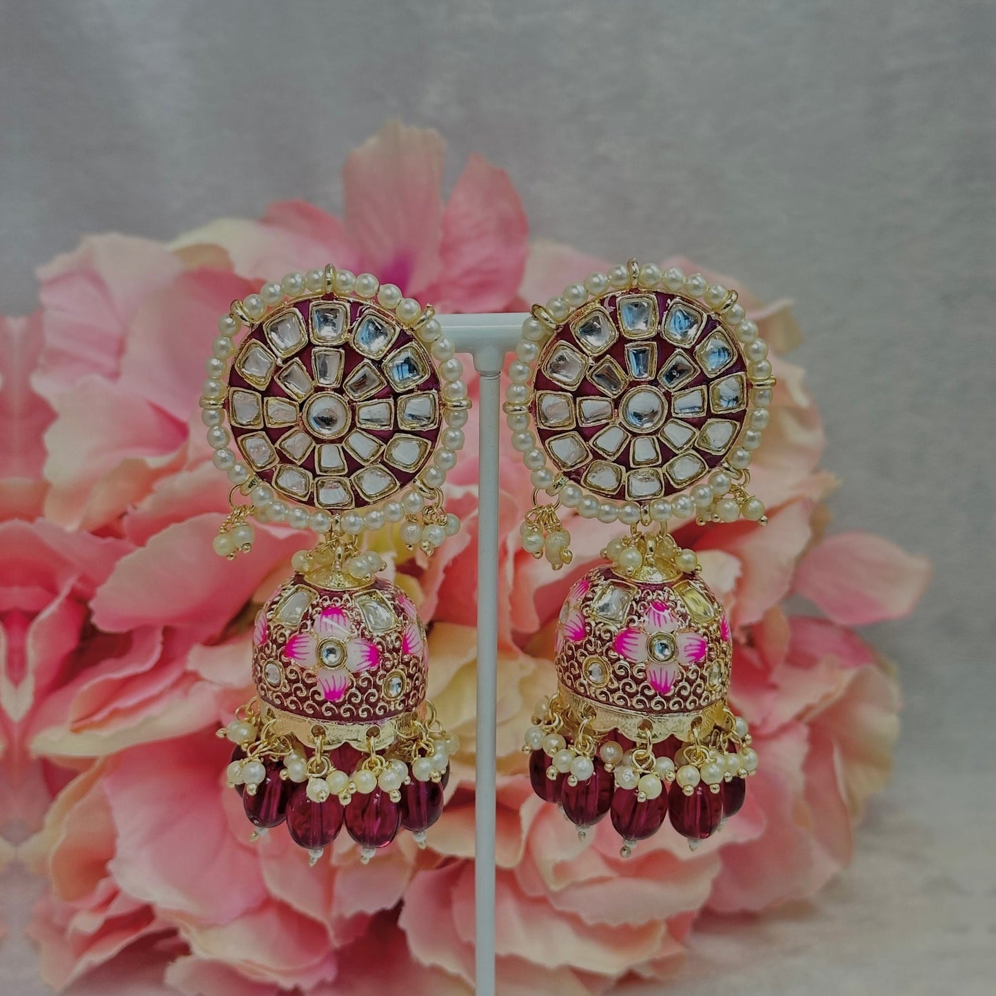 Faux Kundan Jhumka Earrings - Purple/ Indian Style Earring