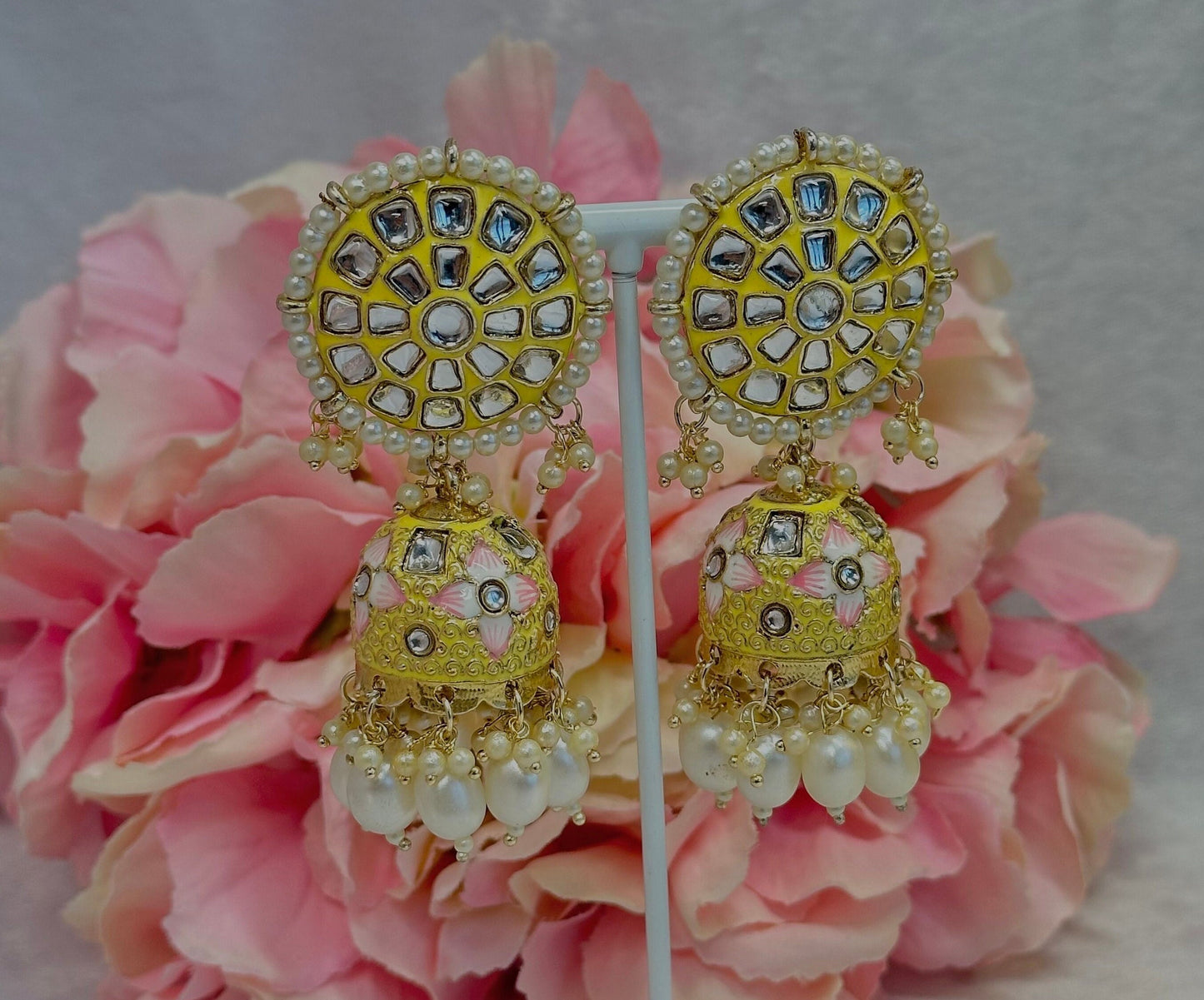 Faux Kundan Jhumka Earrings - Yellow/ Indian Style Earring