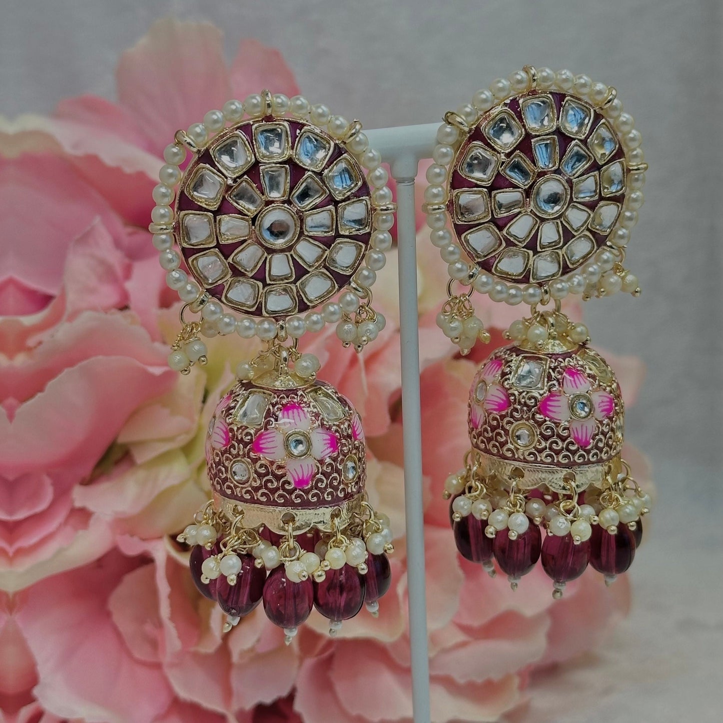 Faux Kundan Jhumka Earrings - Purple/ Indian Style Earring