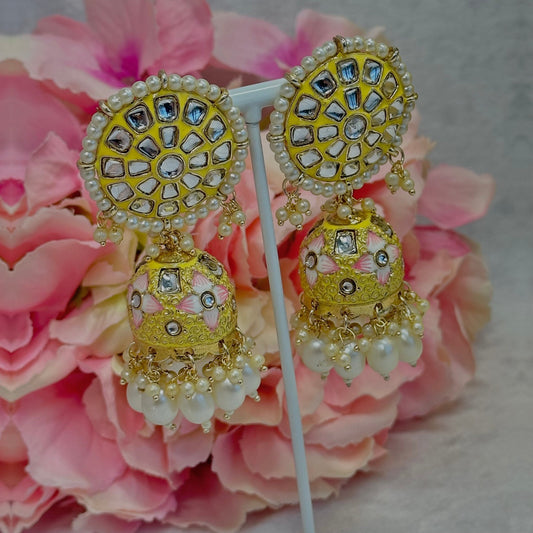 Faux Kundan Jhumka Earrings - Yellow/ Indian Style Earring