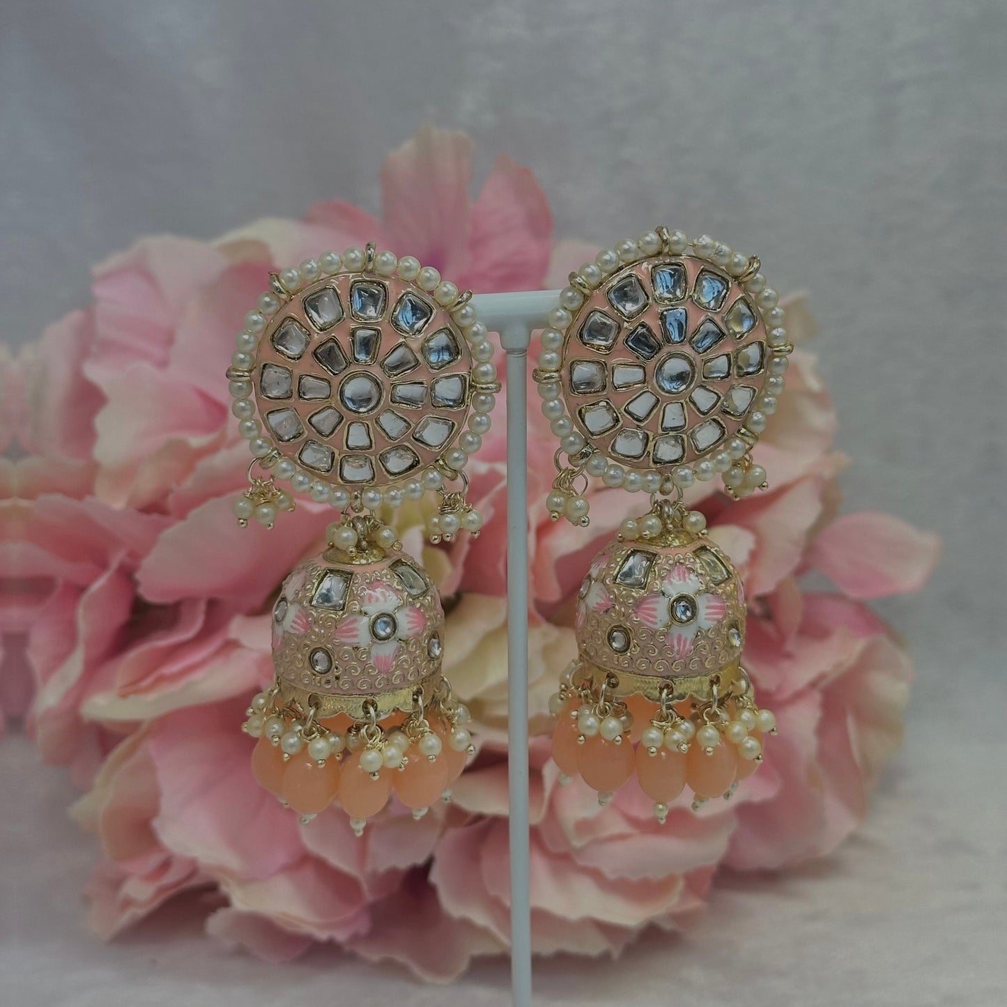 Faux Kundan Jhumka Earrings - Peach/ Indian Style Earring