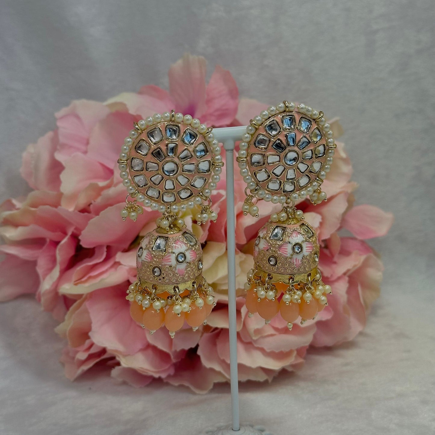 Faux Kundan Jhumka Earrings - Peach/ Indian Style Earring