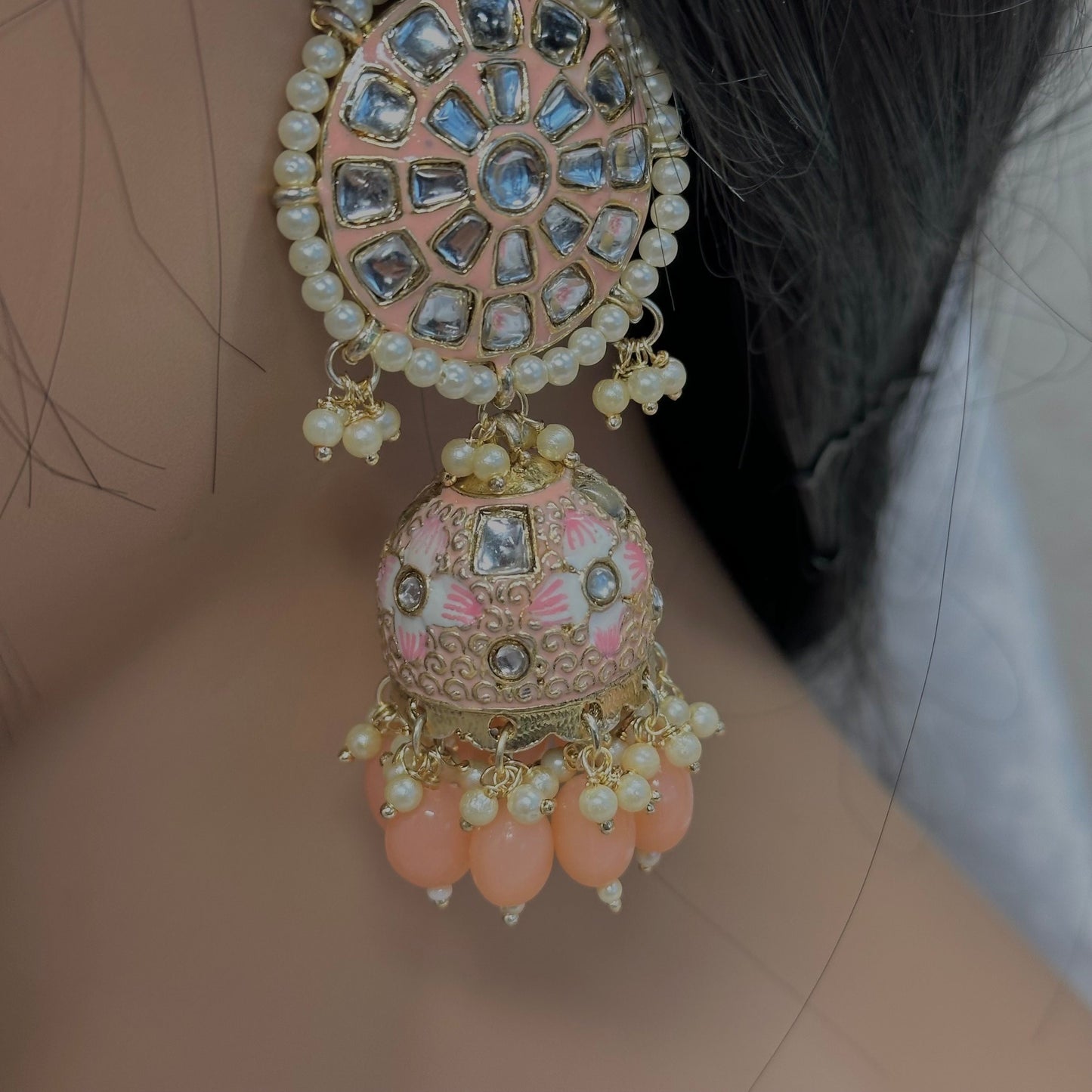 Faux Kundan Jhumka Earrings - Peach/ Indian Style Earring