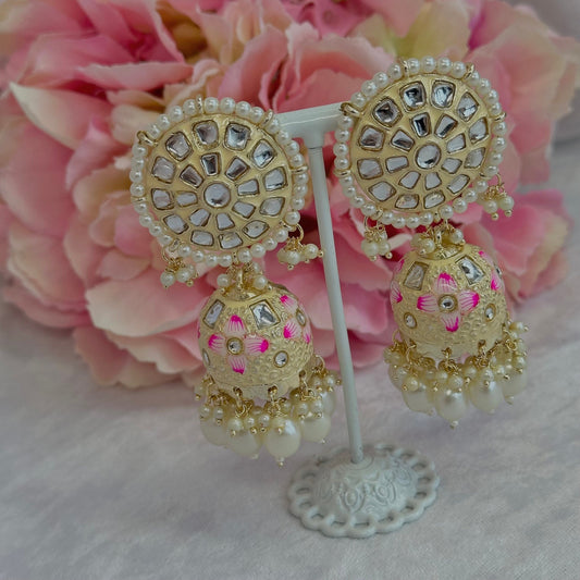 Faux Kundan Jhumka Earrings - Cream/ Indian Style Earring