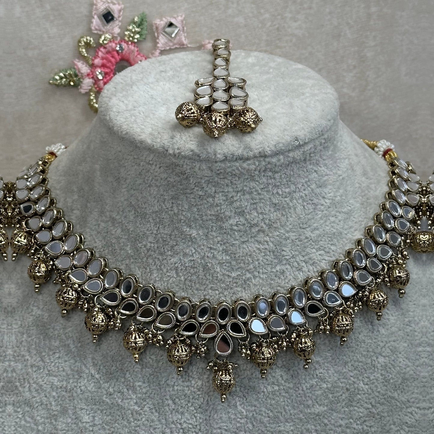 Mirror Necklace Set - Gold Ball Earring/ Tikka/ Tikli/ Indian/ Pakistani/Fashion Jewellery/ Gift for Women