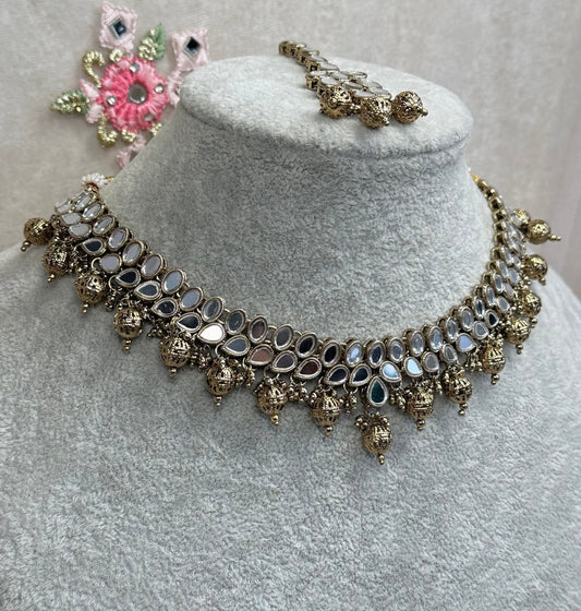 Mirror Necklace Set - Gold Ball Earring/ Tikka/ Tikli/ Indian/ Pakistani/Fashion Jewellery/ Gift for Women