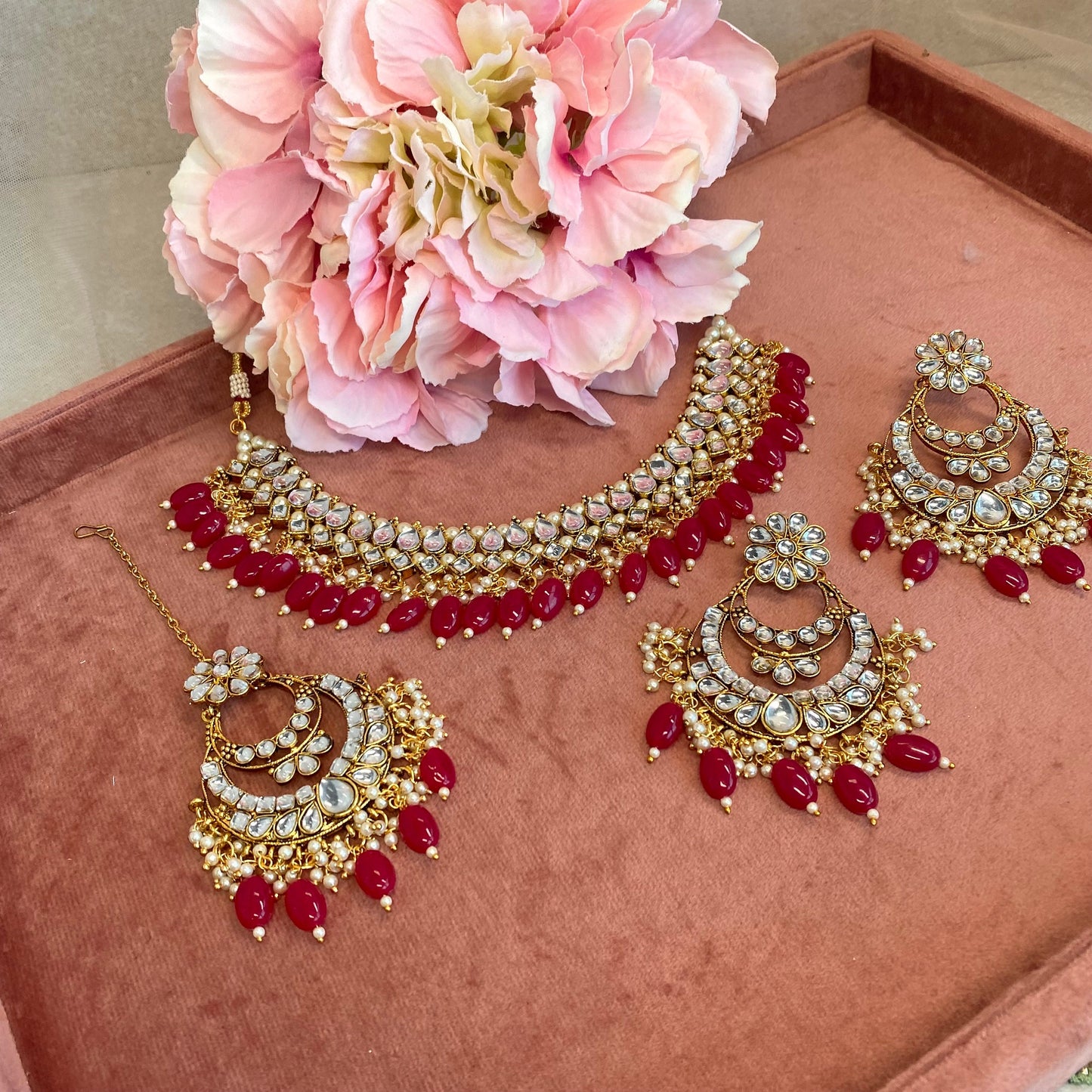 Faux Kundan Necklace set - Ruby/ Indian/ Pakistani Style/ Choker/ Earring/ Tikka/Wedding/Party