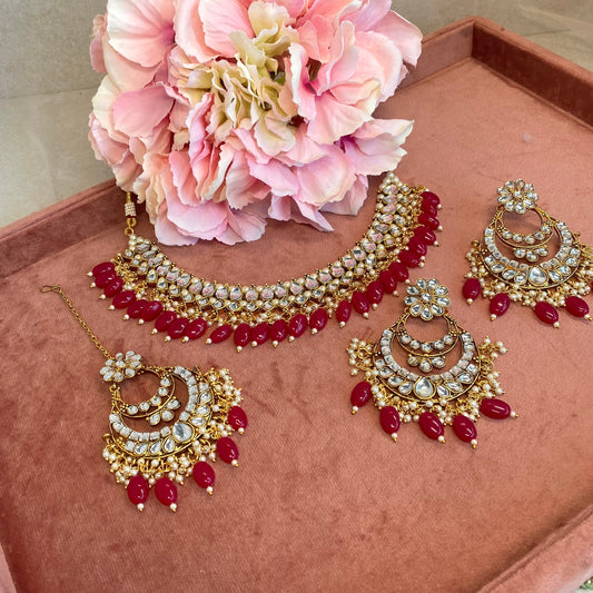 Faux Kundan Necklace set - Ruby/ Indian/ Pakistani Style/ Choker/ Earring/ Tikka/Wedding/Party