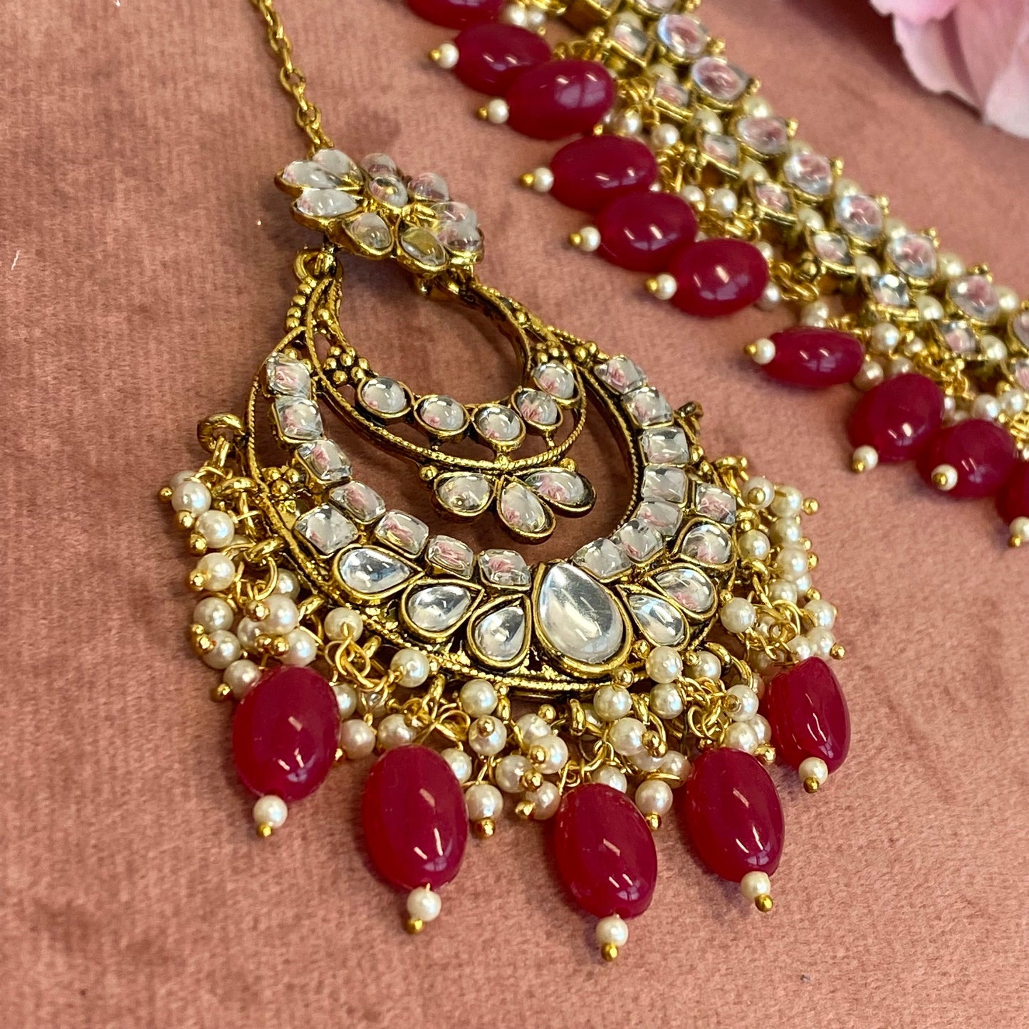 Faux Kundan Necklace set - Ruby/ Indian/ Pakistani Style/ Choker/ Earring/ Tikka/Wedding/Party