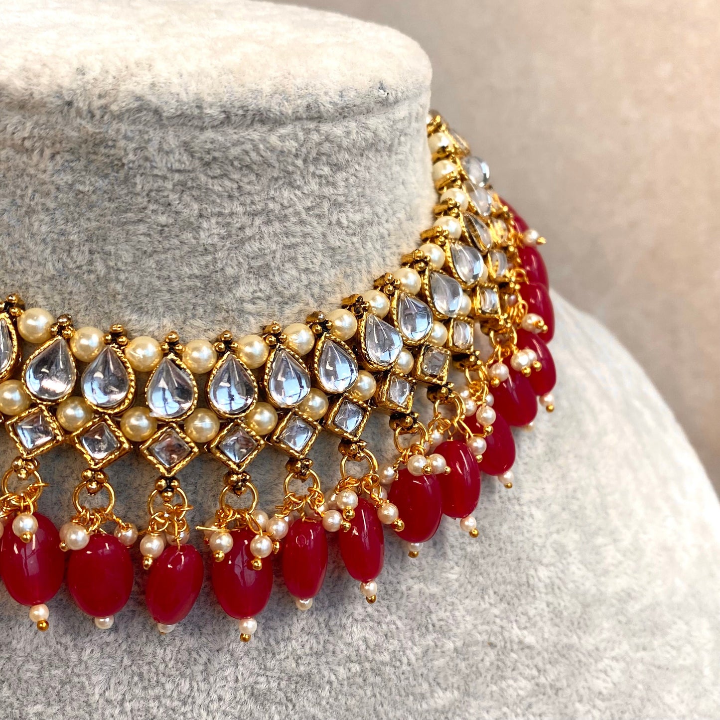 Faux Kundan Necklace set - Ruby/ Indian/ Pakistani Style/ Choker/ Earring/ Tikka/Wedding/Party