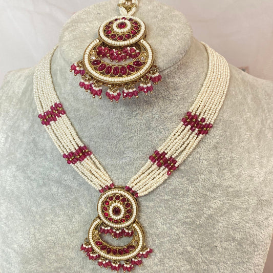 Pearl Necklace Set - Ruby/Long Necklace/Haar/Mala/ Earring/ Tikka/ Tikli/ Indian/ Pakistani/Fashion Jewellery/ Gift for Women