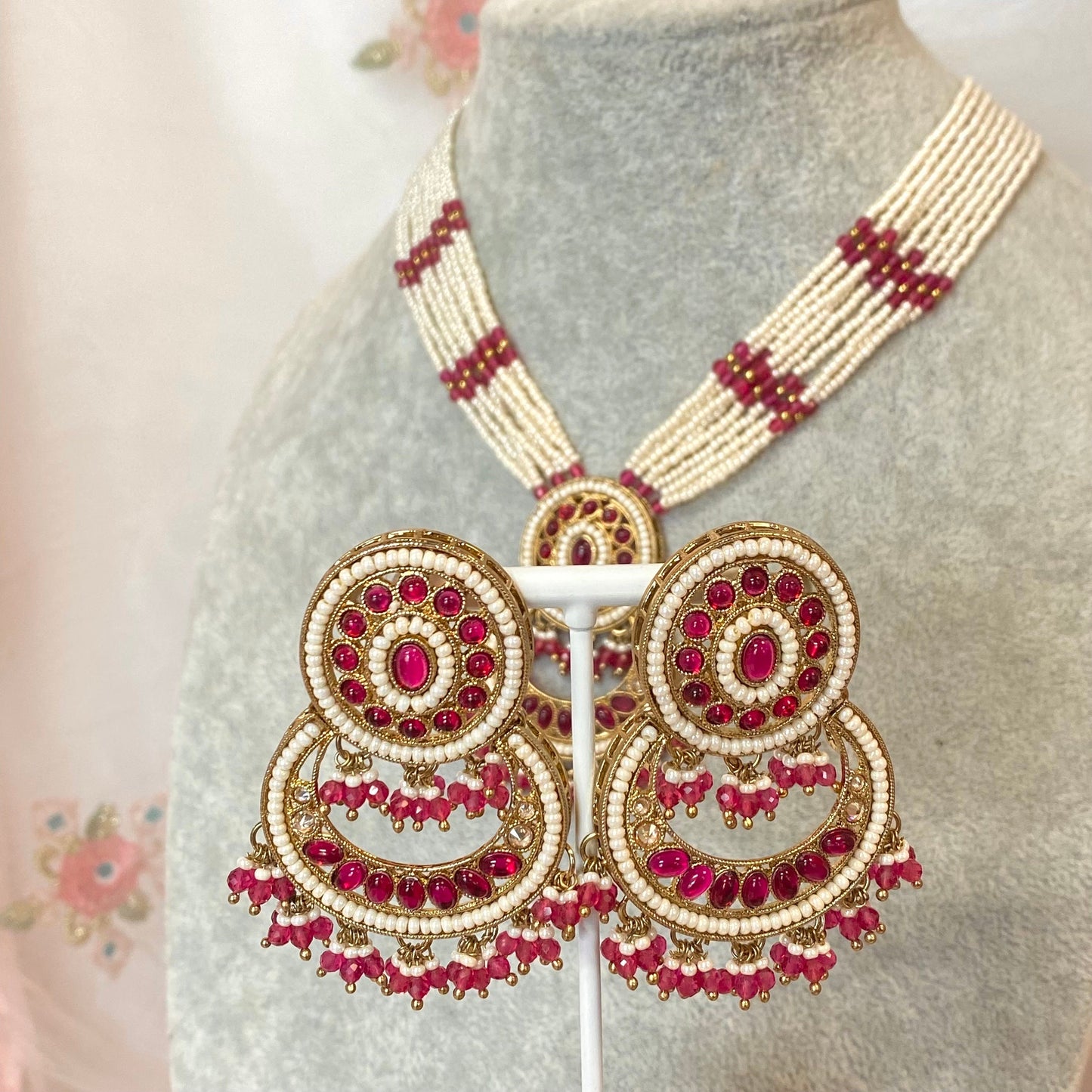 Pearl Necklace Set - Ruby/Long Necklace/Haar/Mala/ Earring/ Tikka/ Tikli/ Indian/ Pakistani/Fashion Jewellery/ Gift for Women