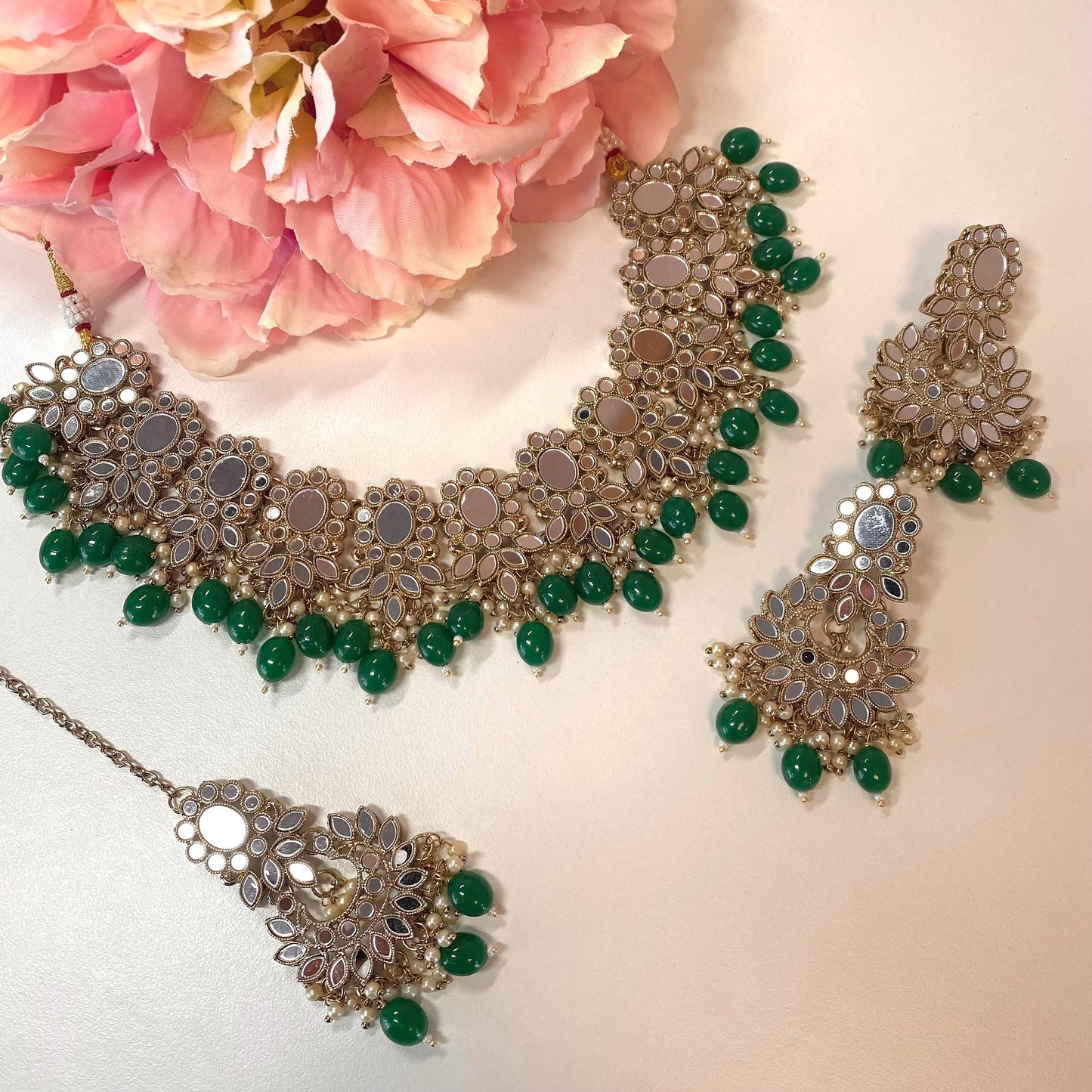 Mirror Choker Set - Green Earring/ Tikka/ Tikli/ Indian/ Pakistani/Fashion Jewellery/ Gift for Women