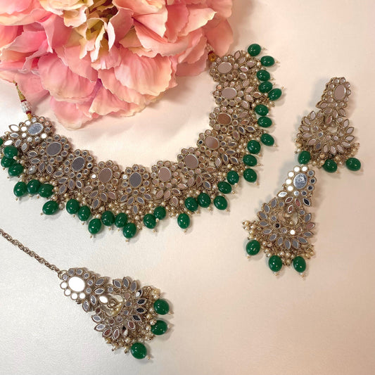 Mirror Choker Set - Green Earring/ Tikka/ Tikli/ Indian/ Pakistani/Fashion Jewellery/ Gift for Women